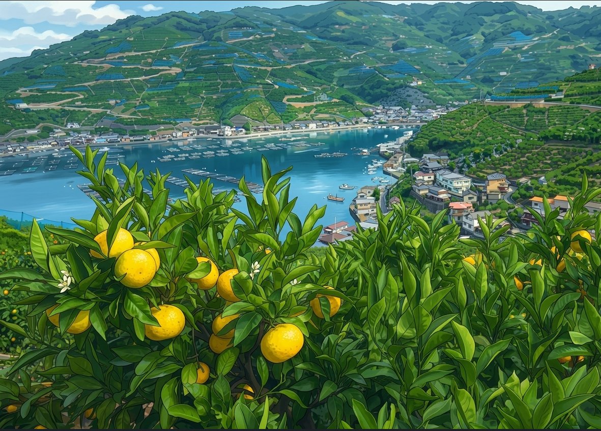 愛媛・八幡浜 みかん畑と宇和海のイラスト